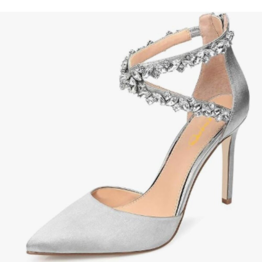 XYD Light Gray Pointy Toe Rhinestone Cross Strap Pump High Heel Wedding Shoes